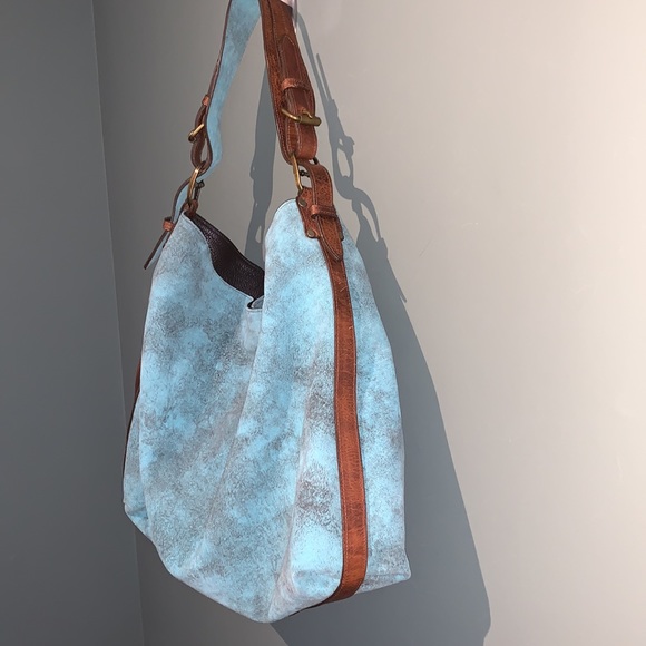 Juan Antonio Adobe Turquoise Blue Brown Leather Nubuck Weekend Boho Western Tote - Picture 6 of 16